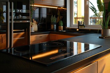 high resolution of induction stove and black countertop at kitchen