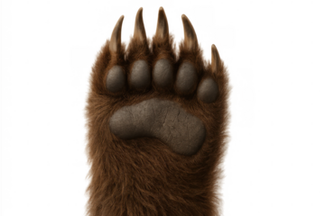 Close-up of a brown bear paw showcasing sharp claws and detailed pads, isolated on a transparent background
