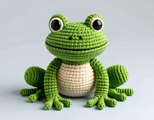 Fototapeta premium 3D crochet frog doll with wide smile and round eyes, green textured yarn, soft and plump, isolated on neutral background