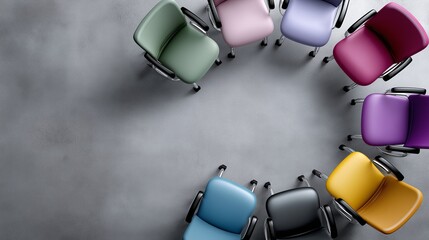 Colorful chairs arranged in a circle for group activities in an office