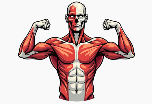 Dynamic ecorche illustration of a muscular male figure flexing biceps, showing anatomical muscle structure for bodybuilding, fitness, and medical education.
