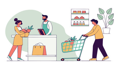 Grocery store checkout scene with customers and cashier