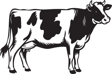 Black and White Illustration of a Dairy Cow A Classic Farm Animal Design