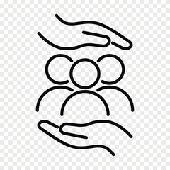 Safe people symbol. Hand holds people. Outline vector icon