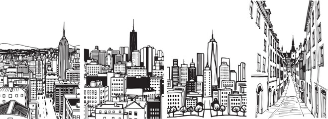 Set City landscape. Line urban backdrop, different buildings on street, doodle street draw, outline cityscape hand sketch, flat houses. Hand drawn vector illustration 