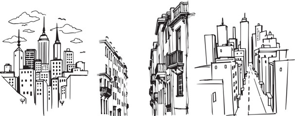 Set City landscape. Line urban backdrop, different buildings on street, doodle street draw, outline cityscape hand sketch, flat houses. Hand drawn vector illustration 