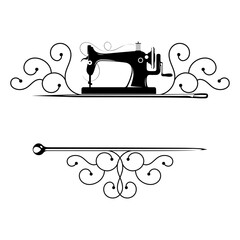Black sewing machine and pattern. Sign frame for sewing