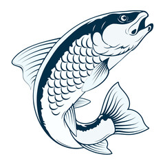 Sea river fish on blue waves. Design for fishing and recreation