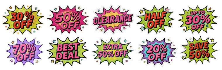 Comic style burst stickers with sale percentages and offers, dynamic retail discount promo on transparent background.