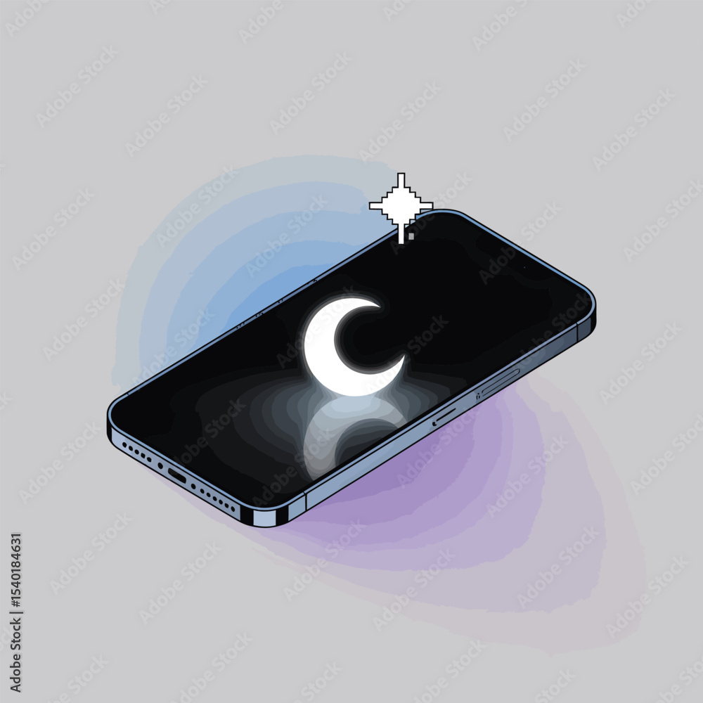 Poster minimalist isometric illustration of a smartphone with a glowing crescent moon and a pixelated star 