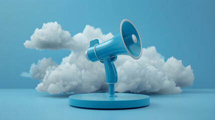 A light blue megaphone on a round stand with fluffy white clouds in the background on a light blue surface