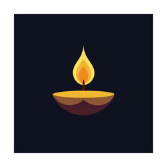 Simple flat vector illustration of a lit diya lamp on dark blue background for indian festivals