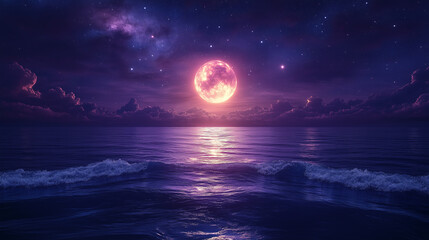 Fantasy landscape with a bright full moon reflecting on the calm surface of the ocean. Purple and pink palette of the sky