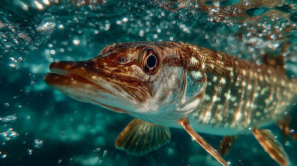 An underwater close-up of a pike swimming through crystal clear water. The fish stands out for its expressive eyes