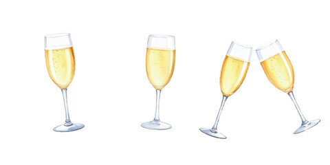 Champagne glass. Glasses clinking. Watercolor vector isolated on white background.