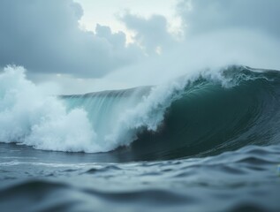 Fototapeta premium Detailed close-up of a stormy ocean wave crashing violently, with dark gray water and white foam under a cloudy sky