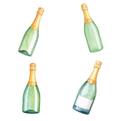 Bottle of champagne. Popping bottle with cork. Watercolor vector isolated on white background