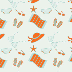 Pattern con icone da spiaggia. cappello, bikini, occhiali da sole, stella marina, vettoriali su sfondo chiaro