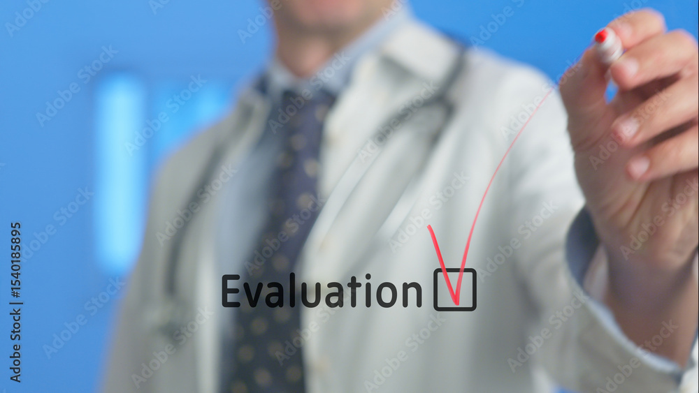 Poster doctor uses a red marker to check a box next to the word evaluation written on a virtual screen, sig