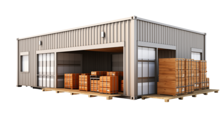 Modern Shipping Container Warehouse Storage Building with Wooden Pallets and Boxes