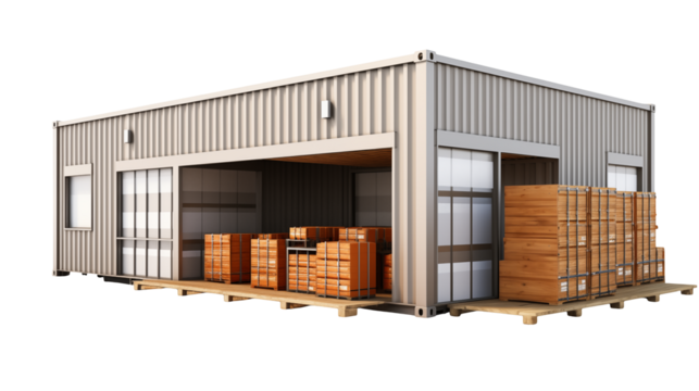 Modern Shipping Container Warehouse Storage Building with Wooden Pallets and Boxes