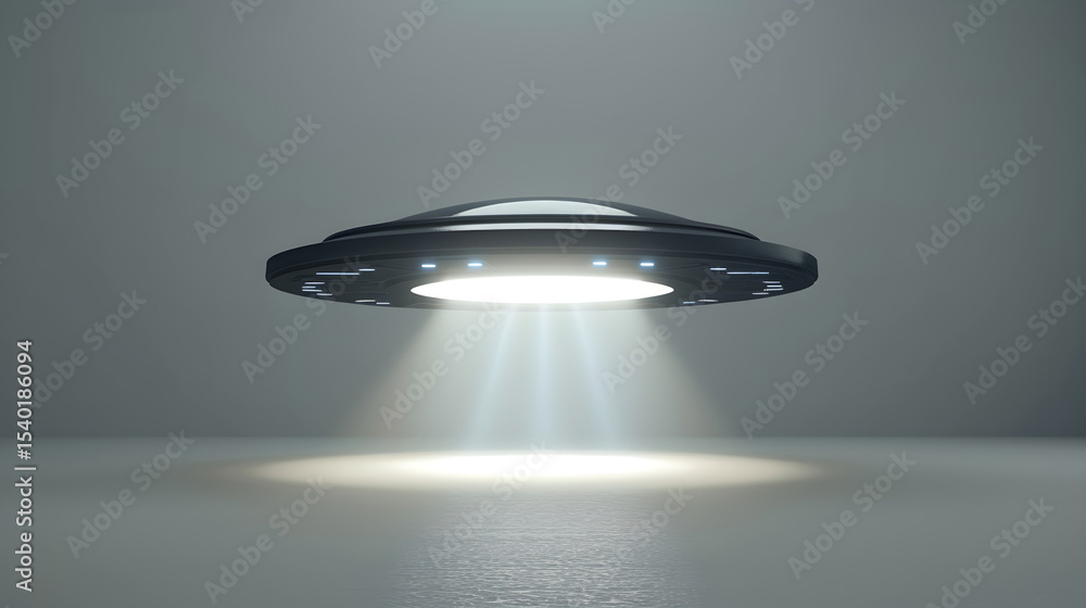 Poster a ufo hovering with a bright light shining down onto a reflective surface in a gray environment