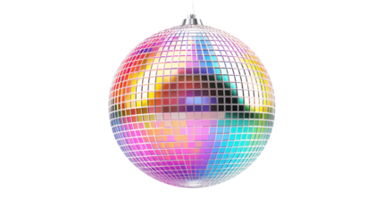 Sparkling Disco Ball Reflecting Rainbow Lights against transparent Background ideal for Party, Dance, and Festive Designs