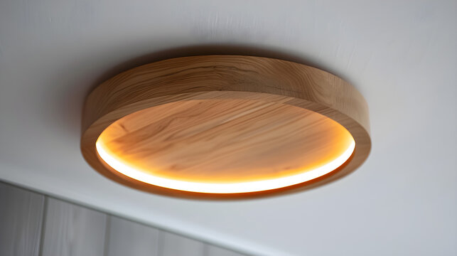 Close up view of a round wooden ceiling light fixture with a warm glow against a white ceiling