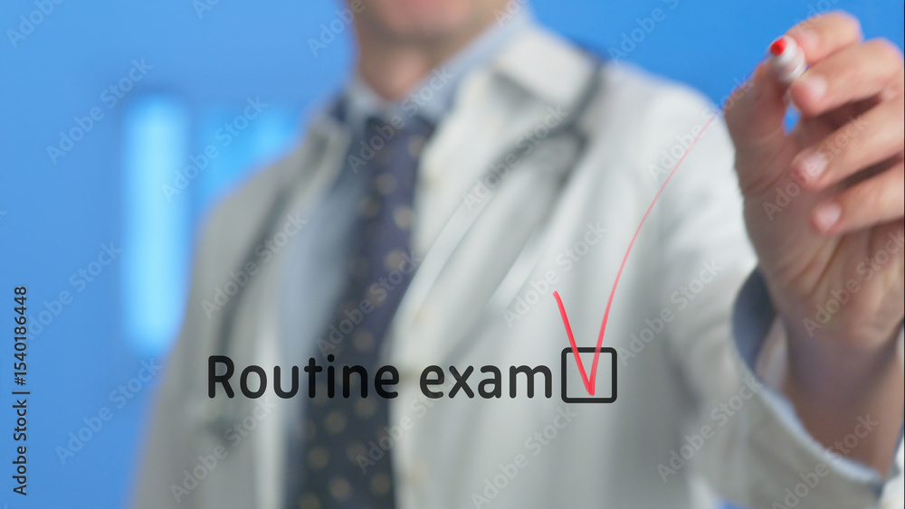 Aufkleber doctor in a lab coat and stethoscope checking a routine exam box drawn on a virtual screen with a re