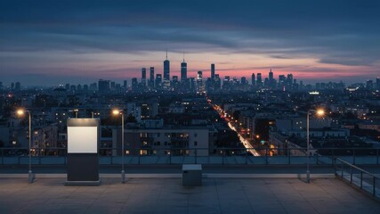 Illuminated Blank Advertisement Display on Building Rooftop with Cityscape at Night