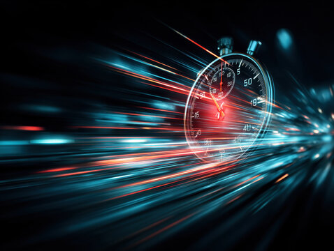 Time racing forward with a stopwatch capturing speed and motion