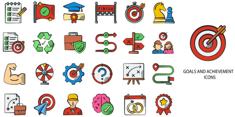 Fototapeta premium Goals and Achievement simple concept 24 hand drawn color icons set .Vector illustration. 