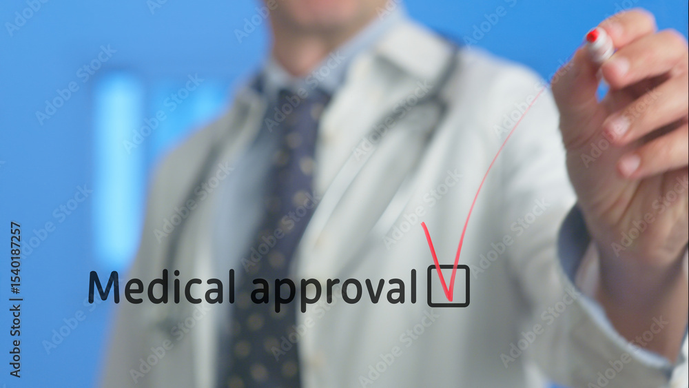 Poster doctor using a red marker to draw a check mark in a checkbox for medical approval, symbolizing healt