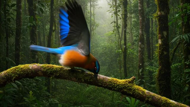 Sequence of Raket-tailed Roller Coracias caudatus bird perched in lush green tropical forest