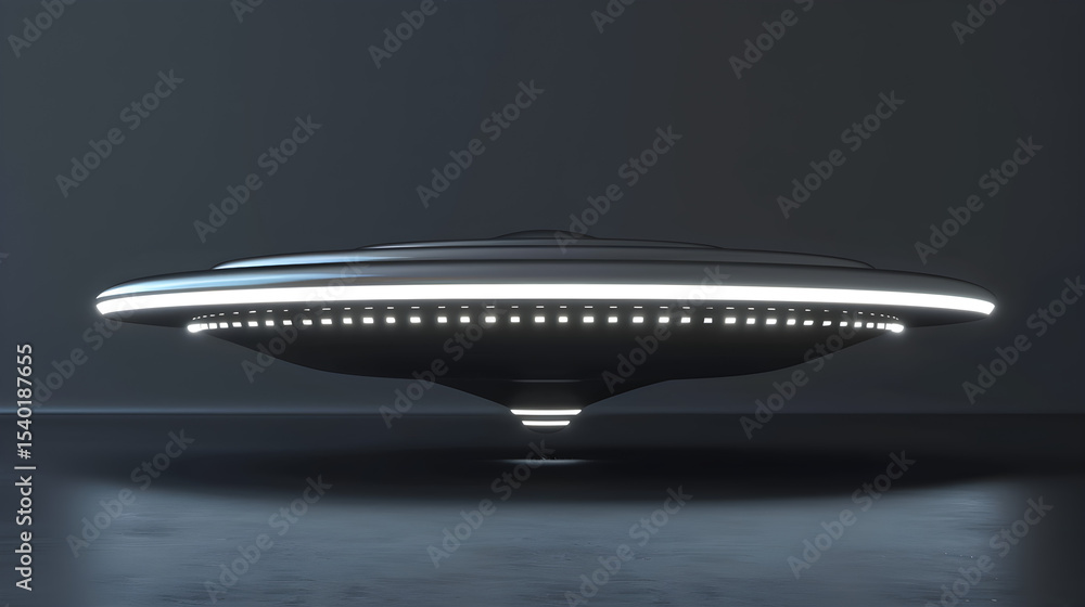 Poster a futuristic ufo with bright lights hovering above a dark reflective surface in a dim environment