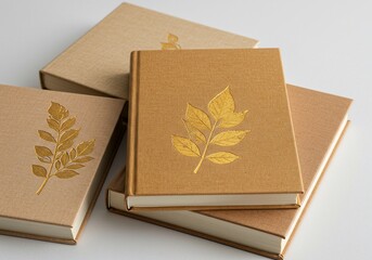 Gold Leaf Embellished Journals in Earth Tones, Stacked on White Surface, Close Up