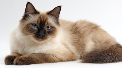 Sleek Balinese cat with vibrant blue eyes and a luxurious cream coat