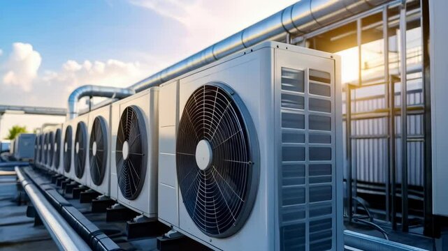 Multiple outdoor air conditioning units in a row on a rooftop against a blue sky. Commercial cooling system with metal pipes and frameworks.