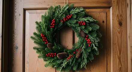 Festive Christmas Wreath with Red Berries and Pinecones on Wooden Door. Seasonal Home Decor.