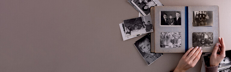 BAKU, AZERBAIJAN-June 18, 2024. Printed vintage antique black and white retro photos.  Memories and...