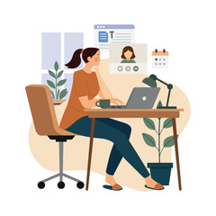 Young woman working from home at desk with laptop, indoor plants, and online meeting interface. Cozy remote workspace. Vector illustration