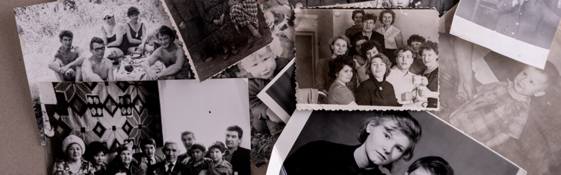 Printed vintage antique black and white retro photos.  Memories and nostalgia.  1960s - 1970s