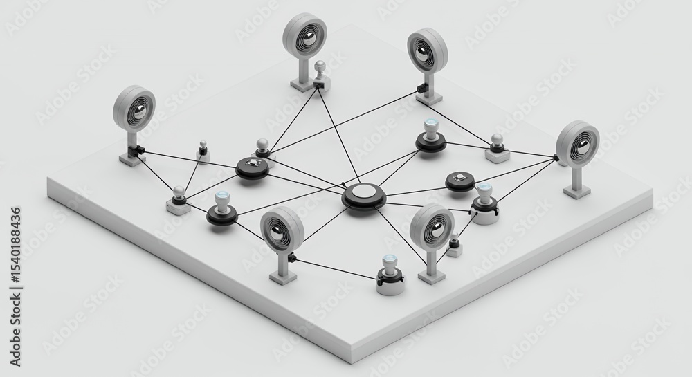 Poster network of pixelated sensors interconnected by dotted lines on white surface in high angle