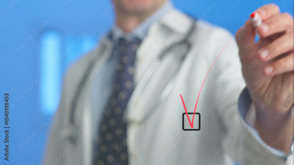 Poster doctor wearing a lab coat and stethoscope is ticking a checkbox on a transparent screen with a red m