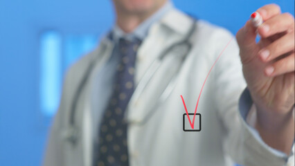 Doctor wearing a lab coat and stethoscope is ticking a checkbox on a transparent screen with a red marker, signifying medical approval, healthcare validation, and successful diagnosis
