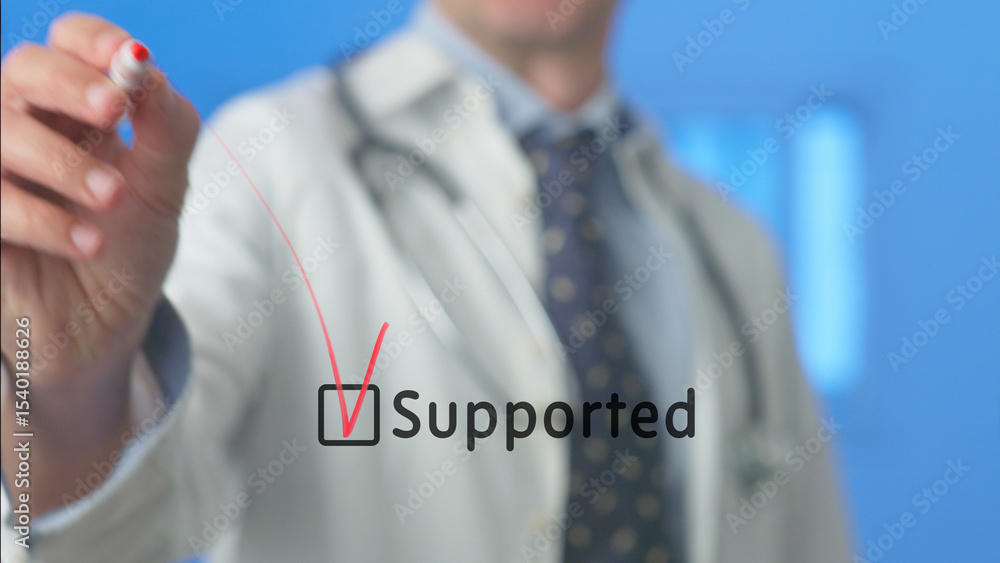 Poster medical professional ticking a checkbox with the word supported written next to it, using a red mark