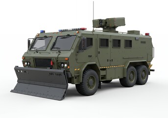 Olive Drab Armored Military Vehicle with Snowplow on White Background For Security Defense and Transportation