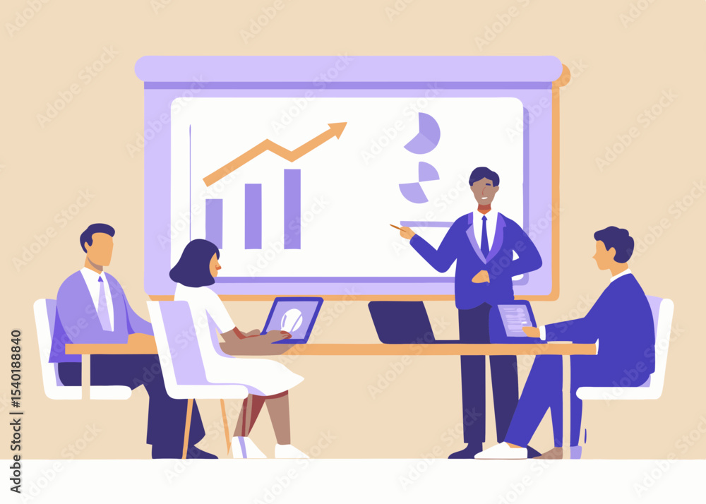 Poster business presentation with teamwork and data analysis showing growth and success in a modern office 