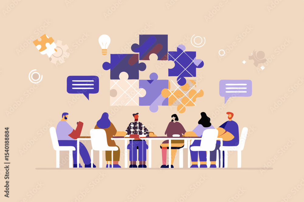 Poster teamwork and collaboration concept with people meeting around a table and solving puzzles finding so