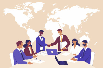 Global Business Meeting with Diverse Team and Handshake World Map Background Illustrative Style International Collaboration and Success